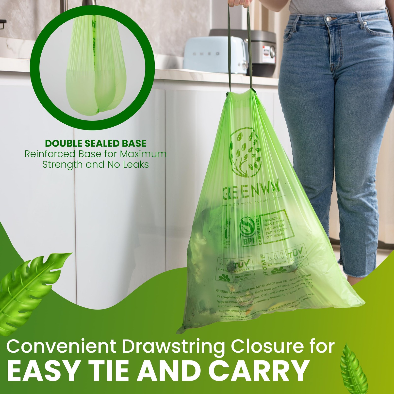 13 Gallon Compostable Drawstring Trash Bags – Extra Thick 1.0 Mil – 50 Count …