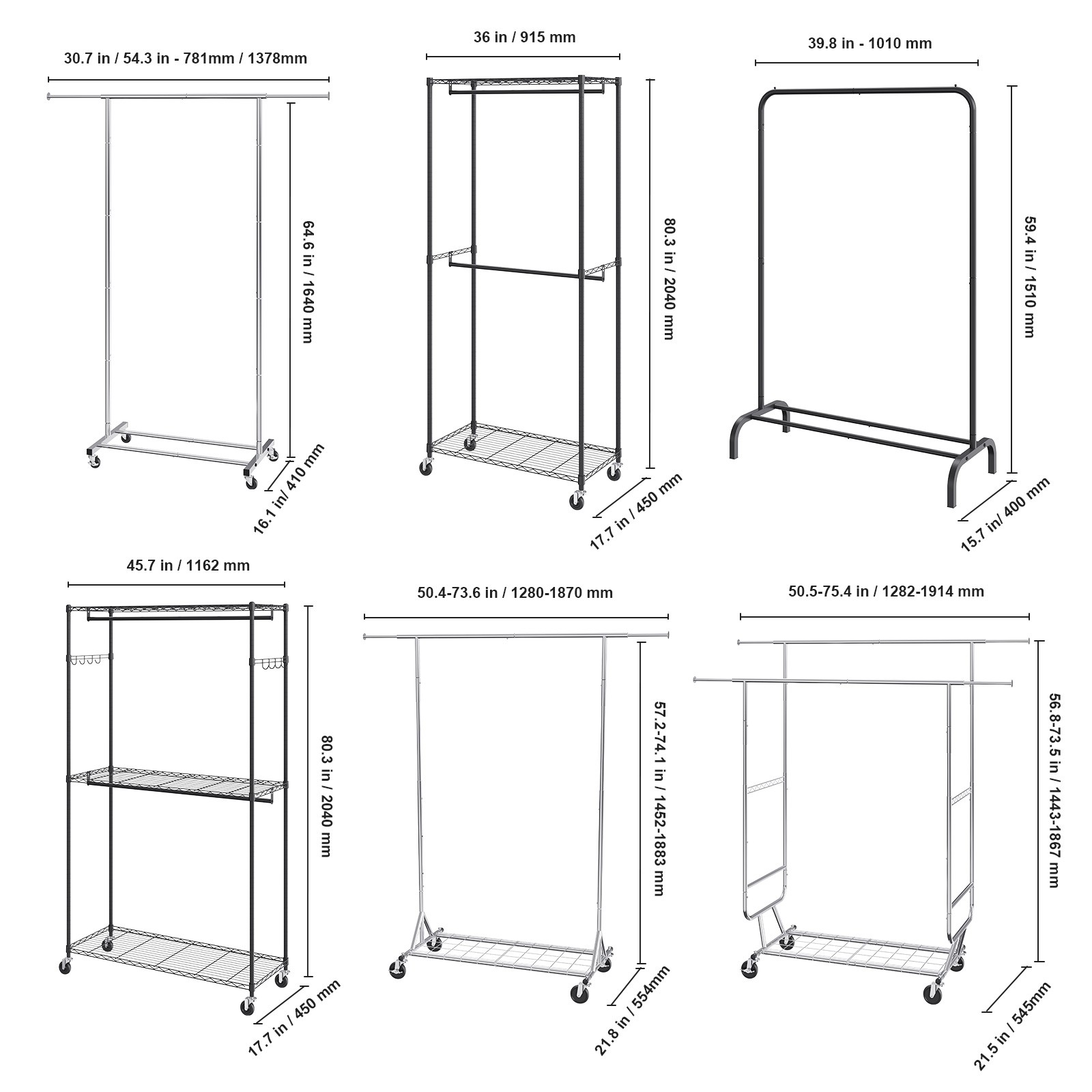 VEVOR Clothes Rack with Wheels Heavy Duty Clothing Garment Rack with Hanging Rod