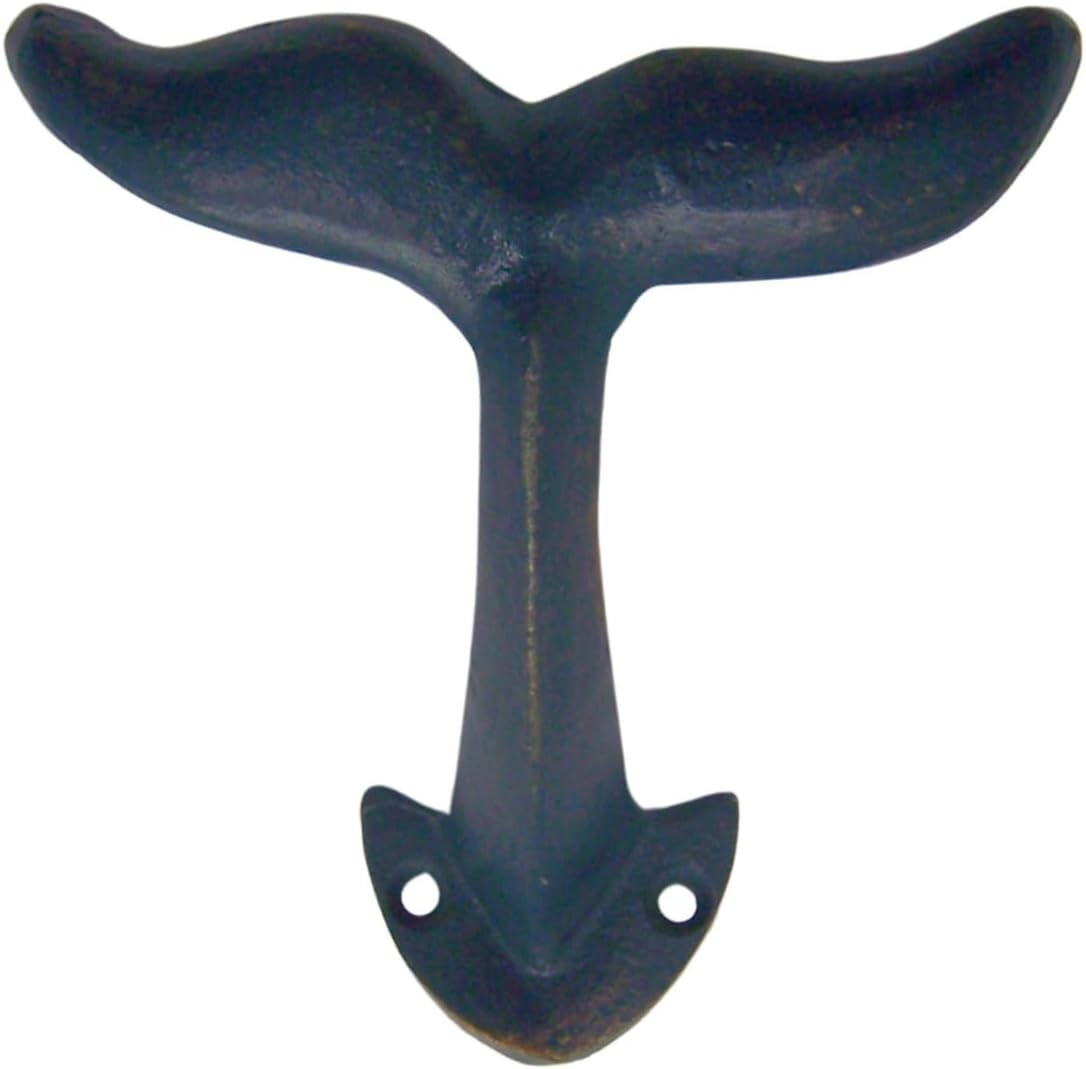 Navy Blue Whale Tail Wall Hooks Cast Iron Beach Decor Set 3 Nautical 4.5″