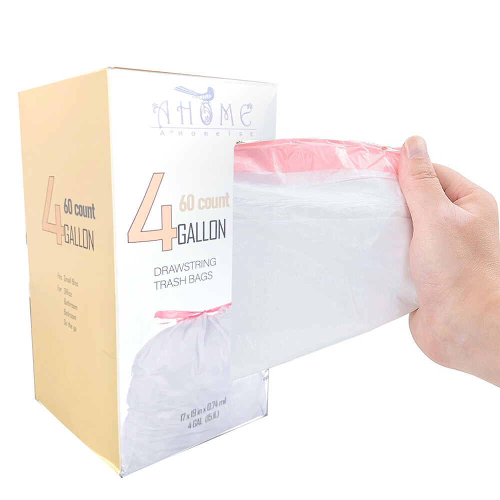 Trash Bags 4 Gallon Small Drawstring Garbage Bags Strong Unscented 60 Count