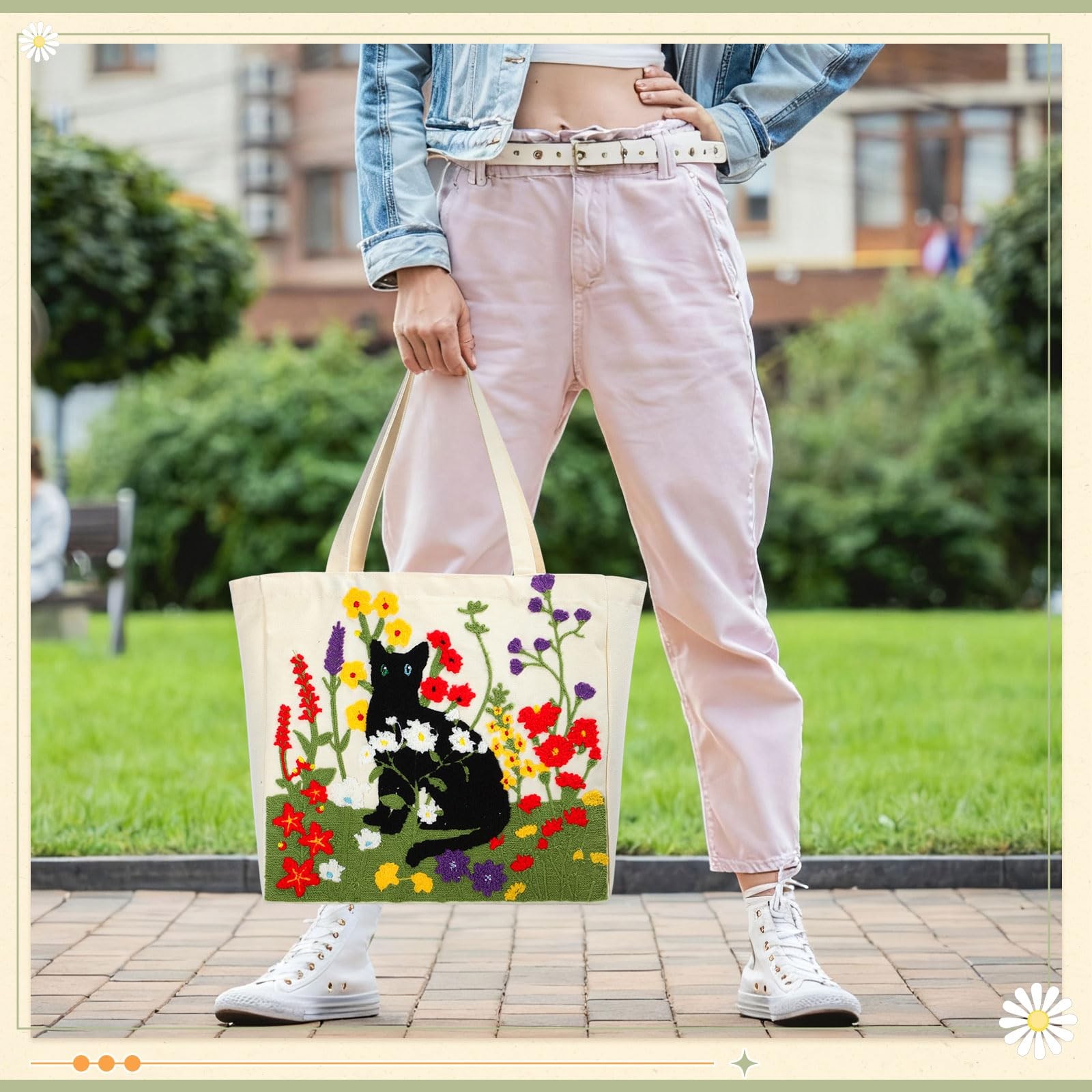 Floral Embroidery Tote Bag Reusable Pink Bow Cute Aesthetic Canvas Grocery Ba…