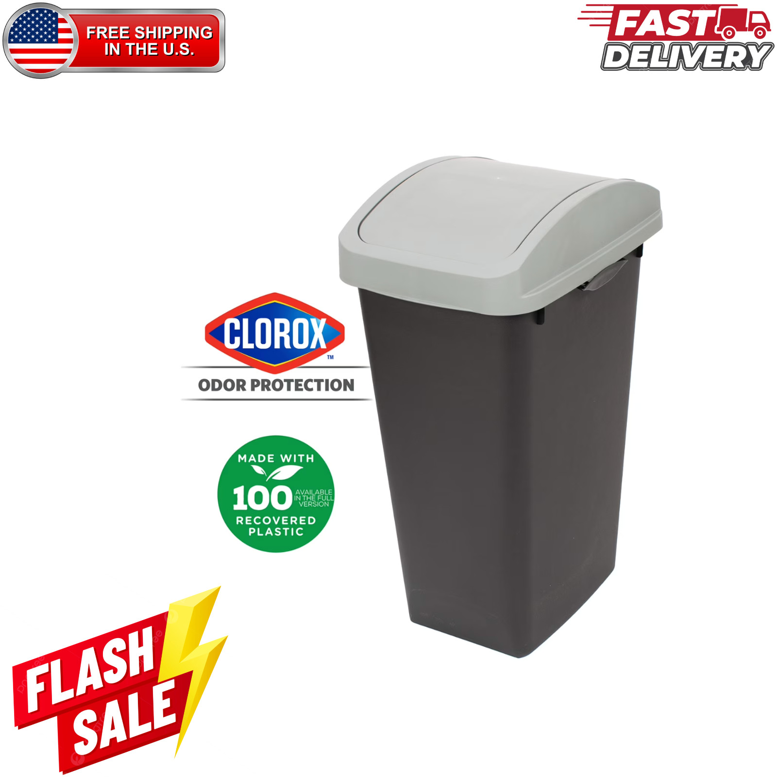 12 Gallon Kitchen Trash Can Swing Top Lid Plastic Garbage Bin Gray