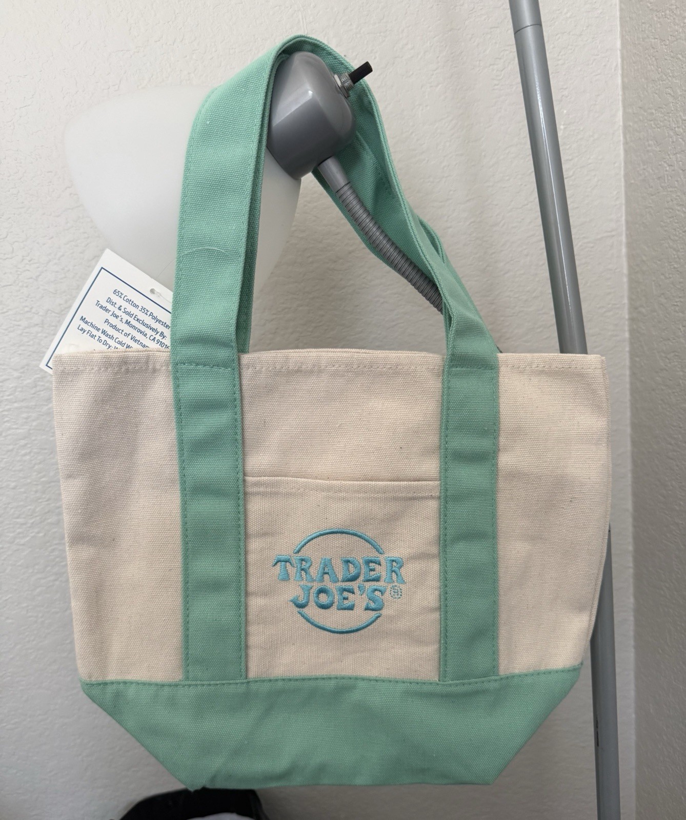 Trader Joe’s Mini Tote Bag Cotton Polyester Beige Mint Green Small