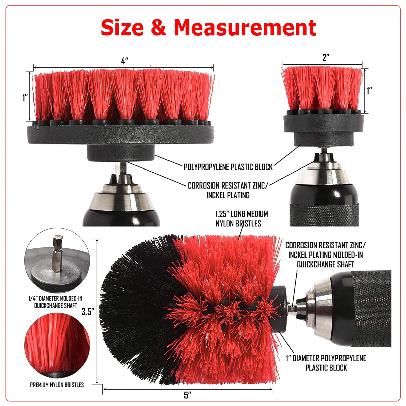 Red 6 Pack Drill Brush Attachment Scrubber Brushes Set Kit with Bit Extension