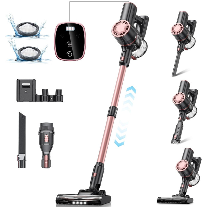 Aspiradora inalámbrica autoportante 6 en 1 LED 35 min para hogar y alfombras