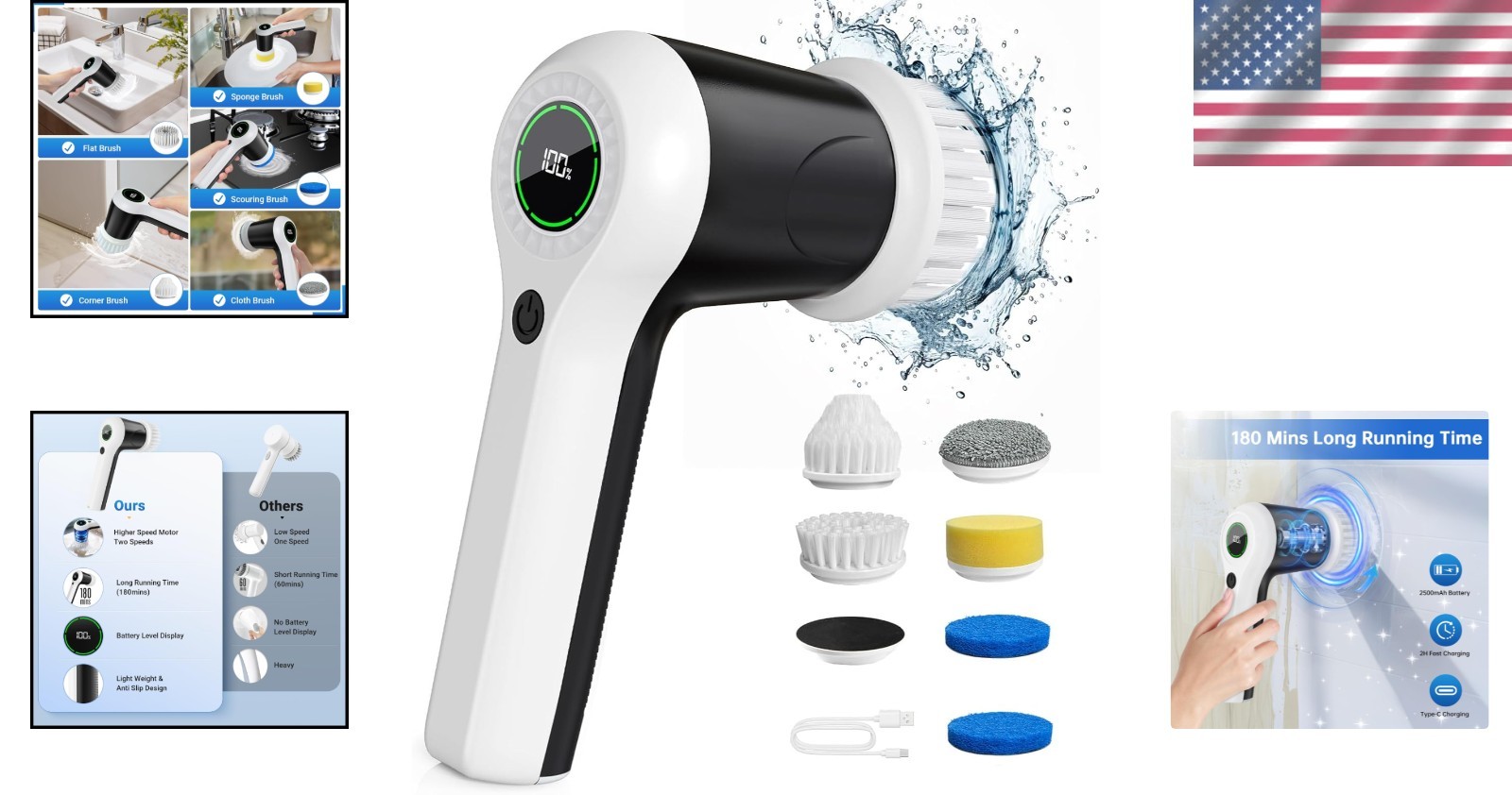 Electric Spin Scrubber Cordless Cleaning Brush with 6 Heads 2 Speeds