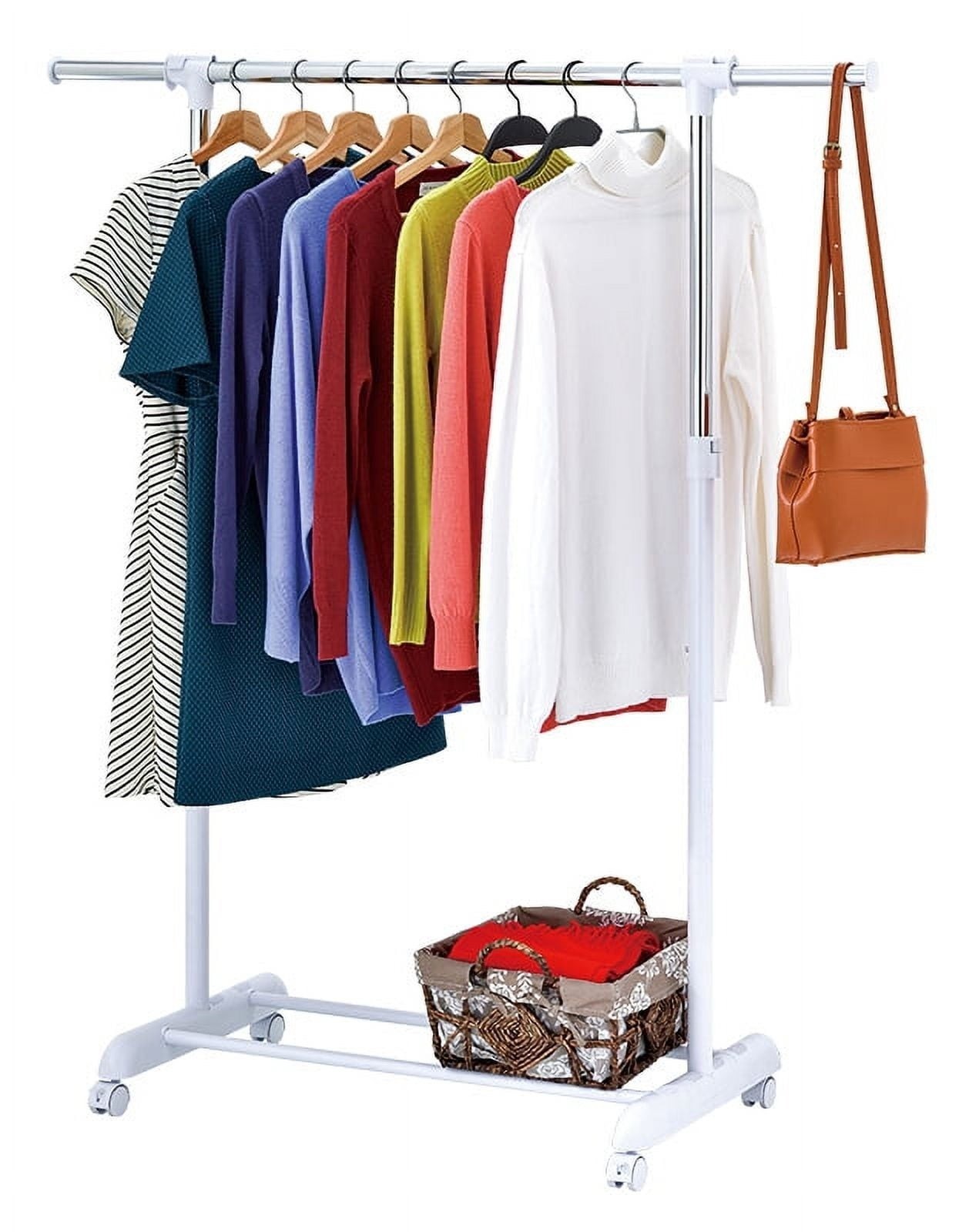 Mainstays Adjustable Rolling Garment Rack Metal Clothes Rack Chrome White