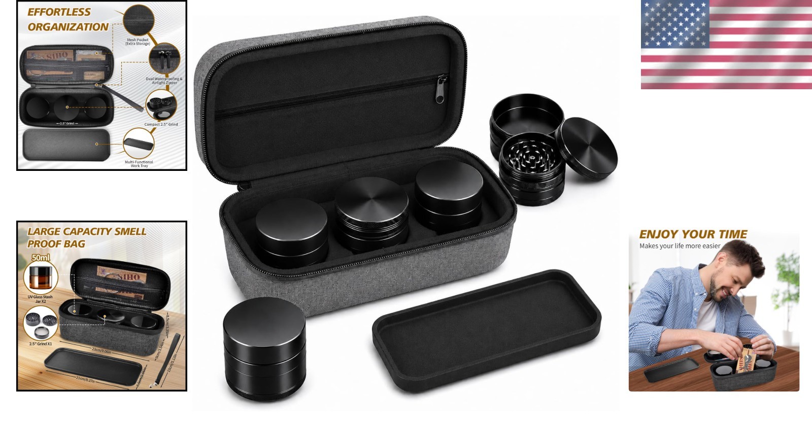 Heavy-Duty Waterproof Stash Box with Glass Jars and Grind Tray for Travel