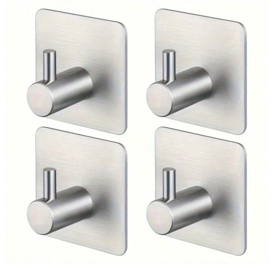 4 pcs Adhesive Bathroom Wall Hooks, Waterproof Stainless Steel Clothes Hangers