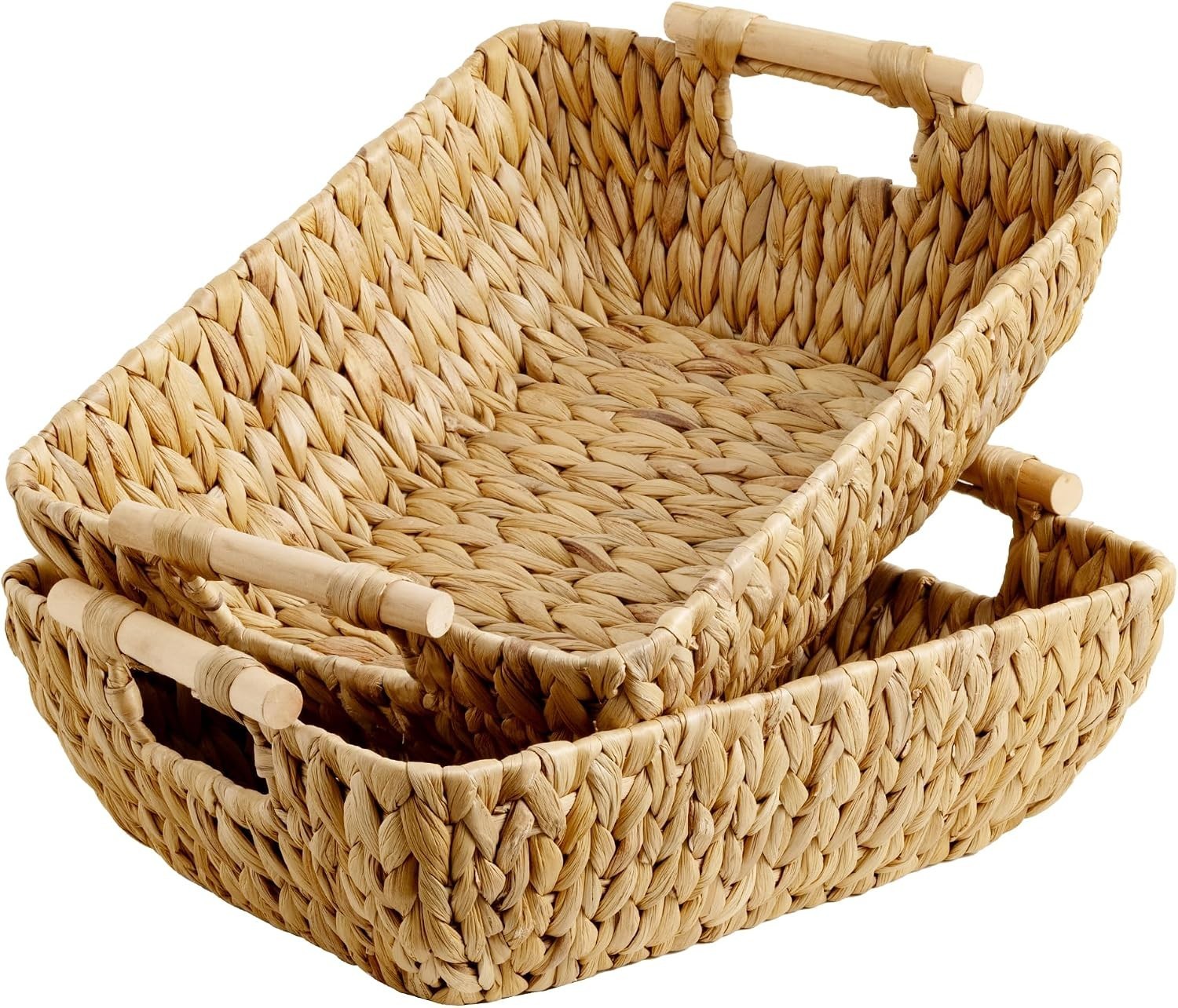 Water Hyacinth Storage Baskets, Wooden Handles, 2 Pack