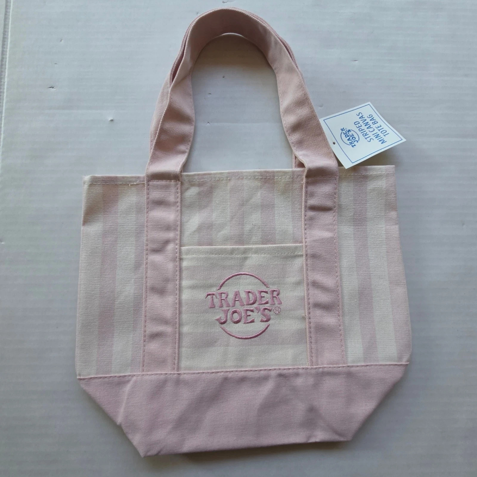 Trader Joe’s MINI Canvas Reusable Bag, with Off White or Tan, LIGHT PINK STRIPES
