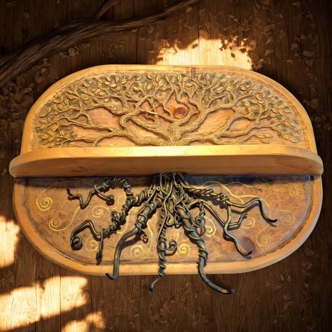 Handmade Hand Carved & Painted Coat Rack with Shelf Vintage Tree of Life Design
