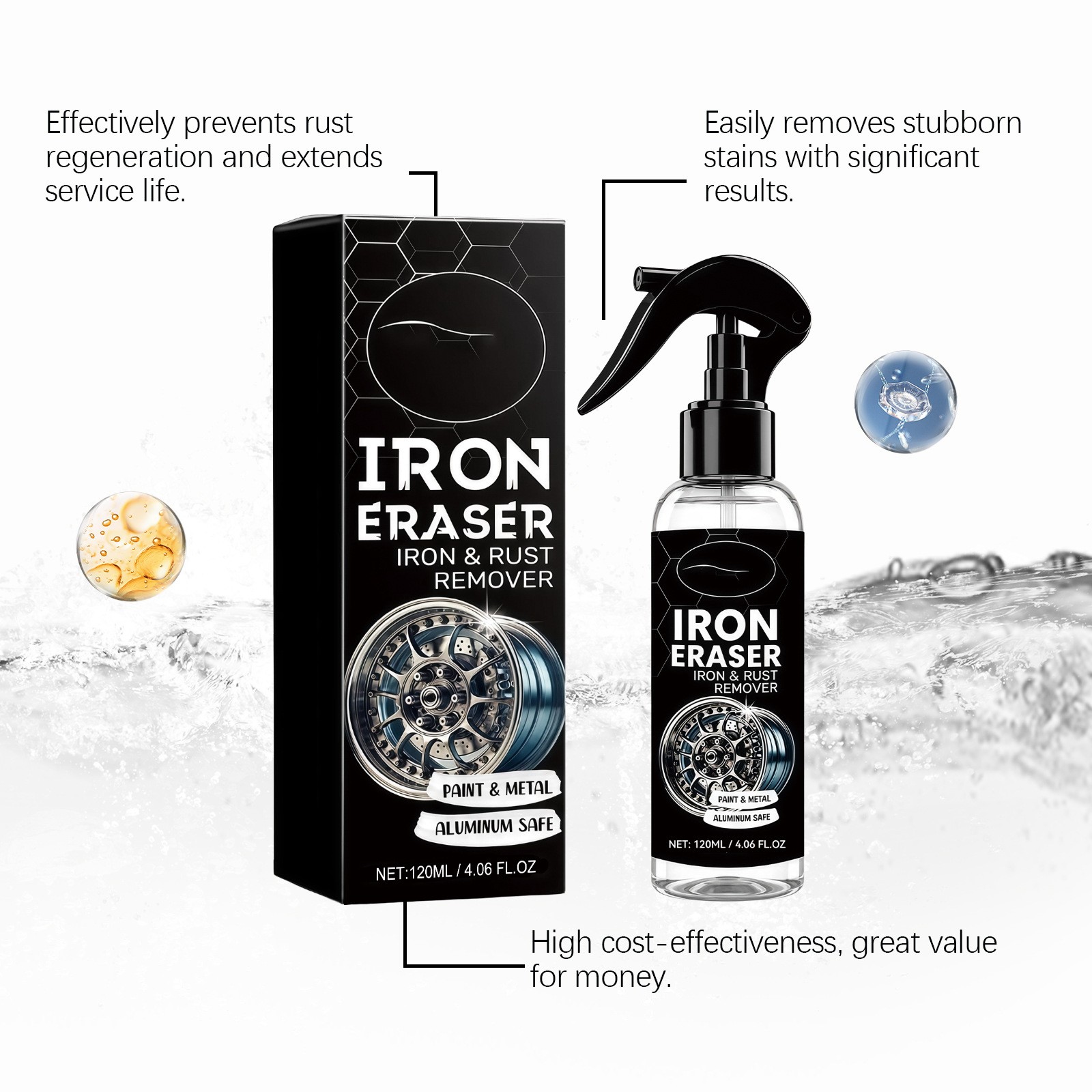 Iron Eraser Rust Remover Spray, Car Wheel Paint Brake Dust Fast Cleaner 120ML US