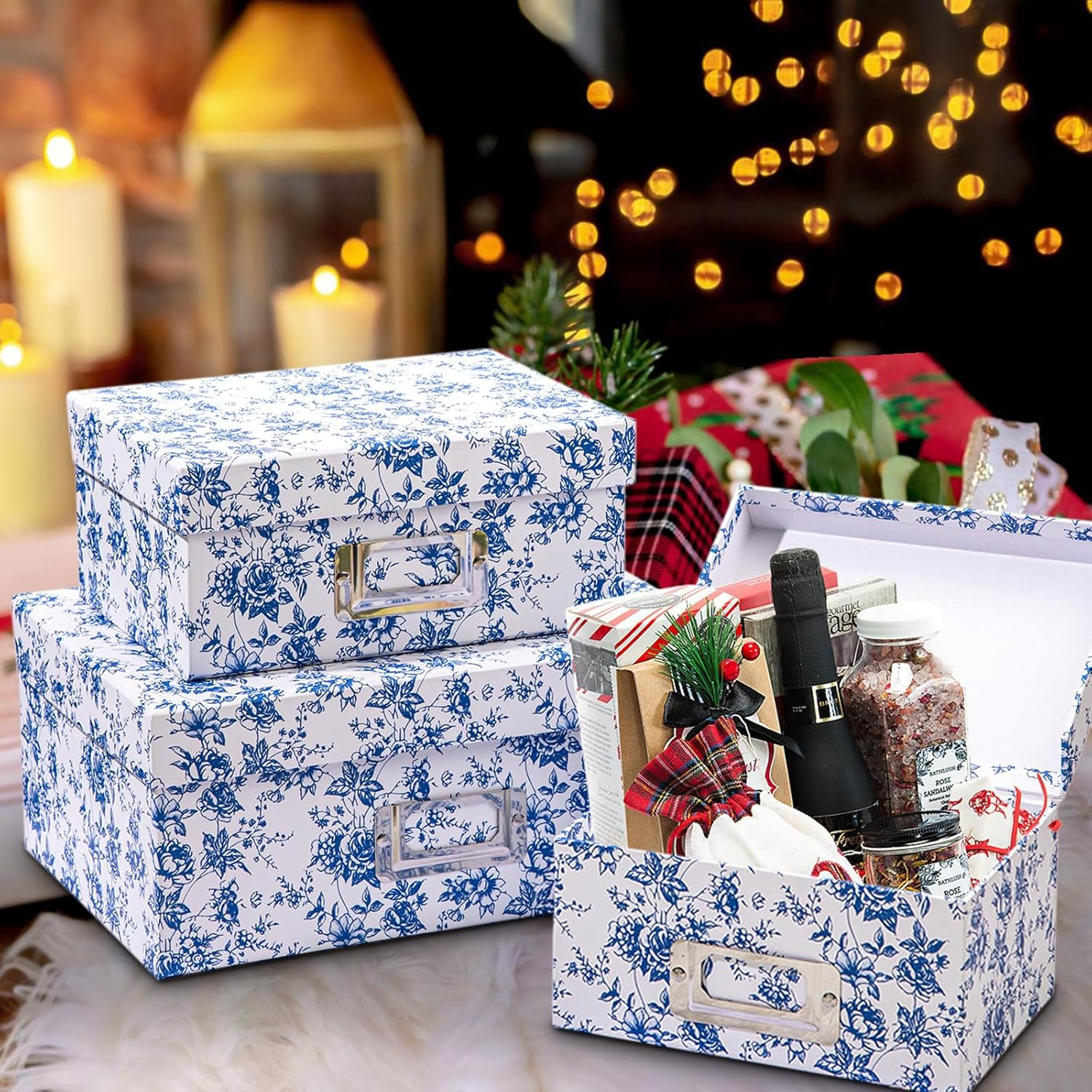 Blue White Floral Nested Decorative Storage Boxes with Lids | 4Pcs Vanity Deskto