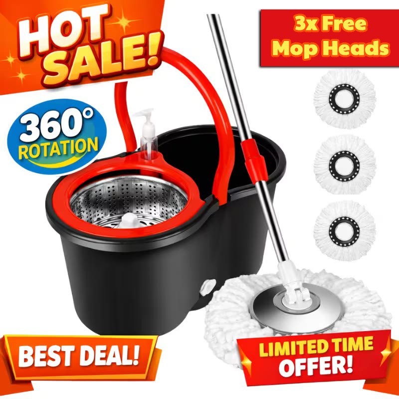 Spin Mop and Bucket with Wringer Set, 360° Spinning Mop System 3 Mop Refill