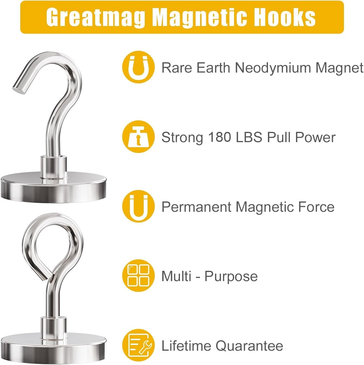 Neodymium Magnet Hooks 200 lbs Pull Force 1.65 Inch – Set of 6 for Home