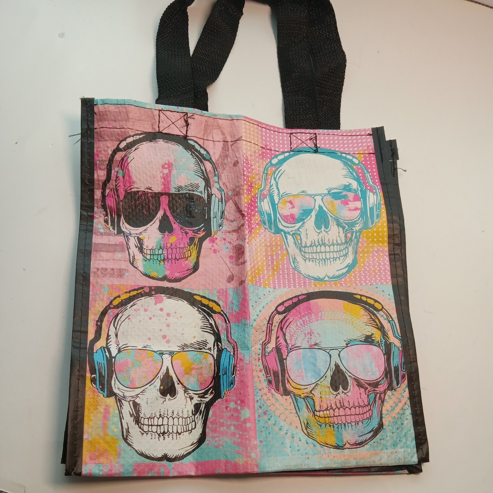 Skulls w/ Headphones POP Art Durable Reusable Grocery Shopping Gift Small.