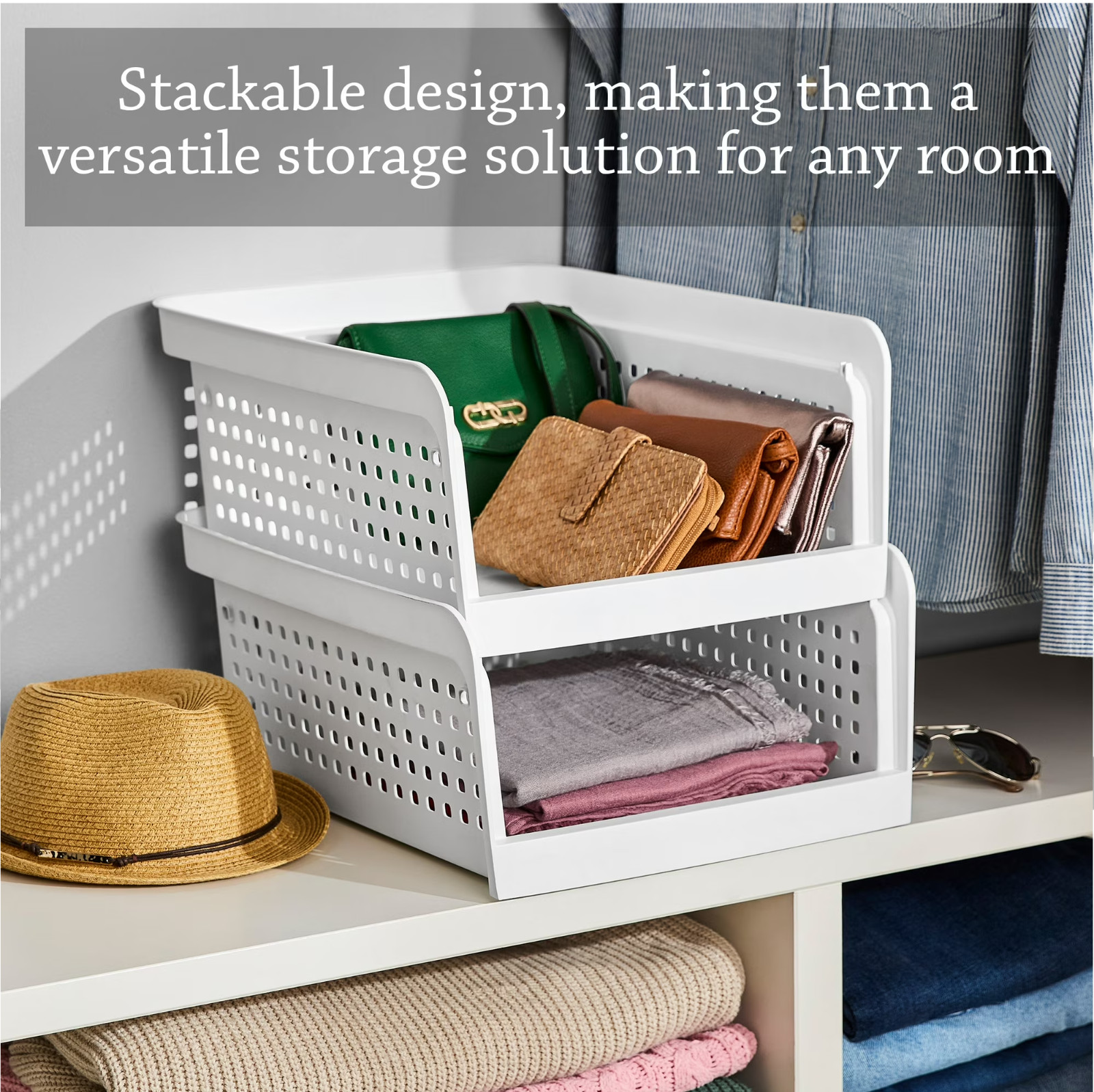 (2 Pack) Mainstays Stackable Closet Storage Bin White Plastic Organizer.