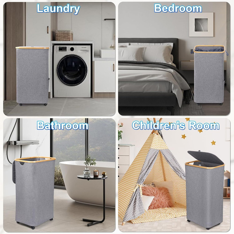 Wheeled Laundry Hamper with Lid, 100L Large Grey Clothes Basket Bamboo Handles