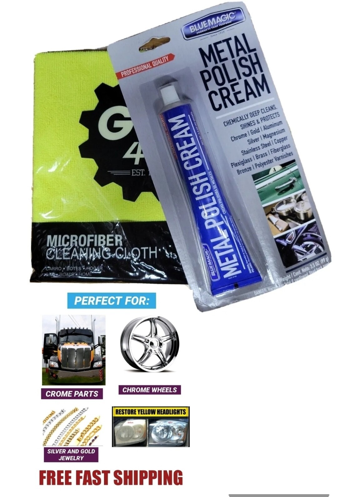 BLUE MAGIC METAL, GOLD, SILVER, STERLING POLISH CREAM 3.5oz + Micro Fiber Cloth