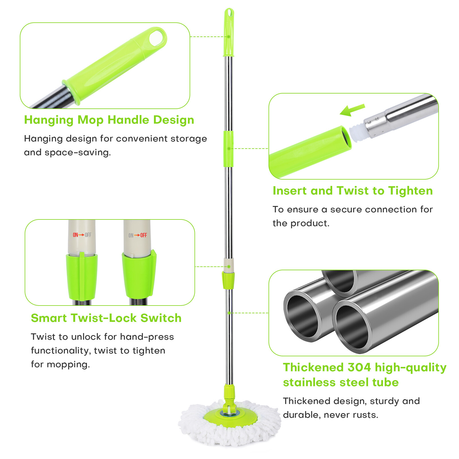 Spinning Mop Pole Handle Replacement for 360° Rotating Cleaning Tool+2 Mop Heads
