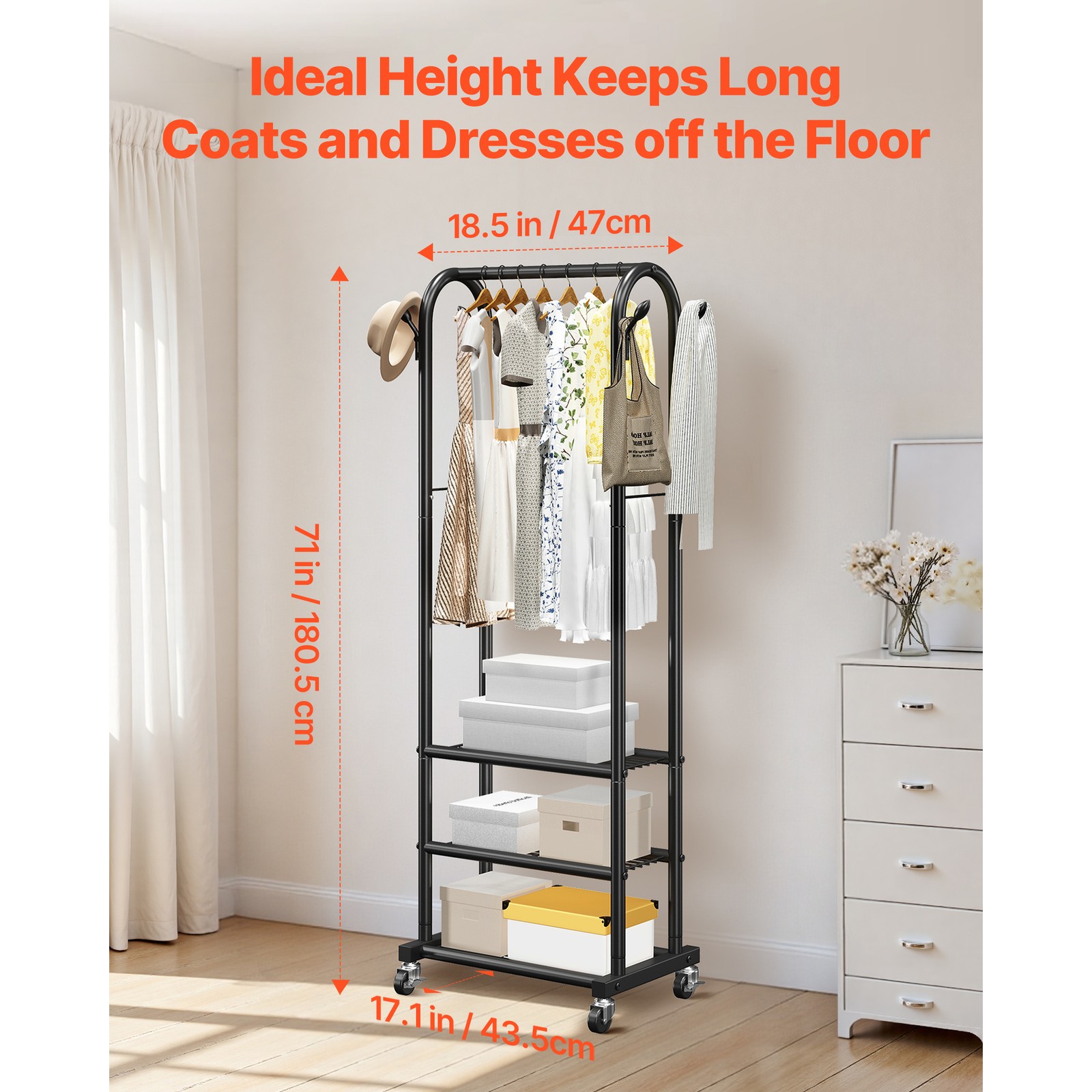Uimoso Rolling Garment Rack Clothes Rack 3 Shelves & Hooks with Wheels , 99 lbs