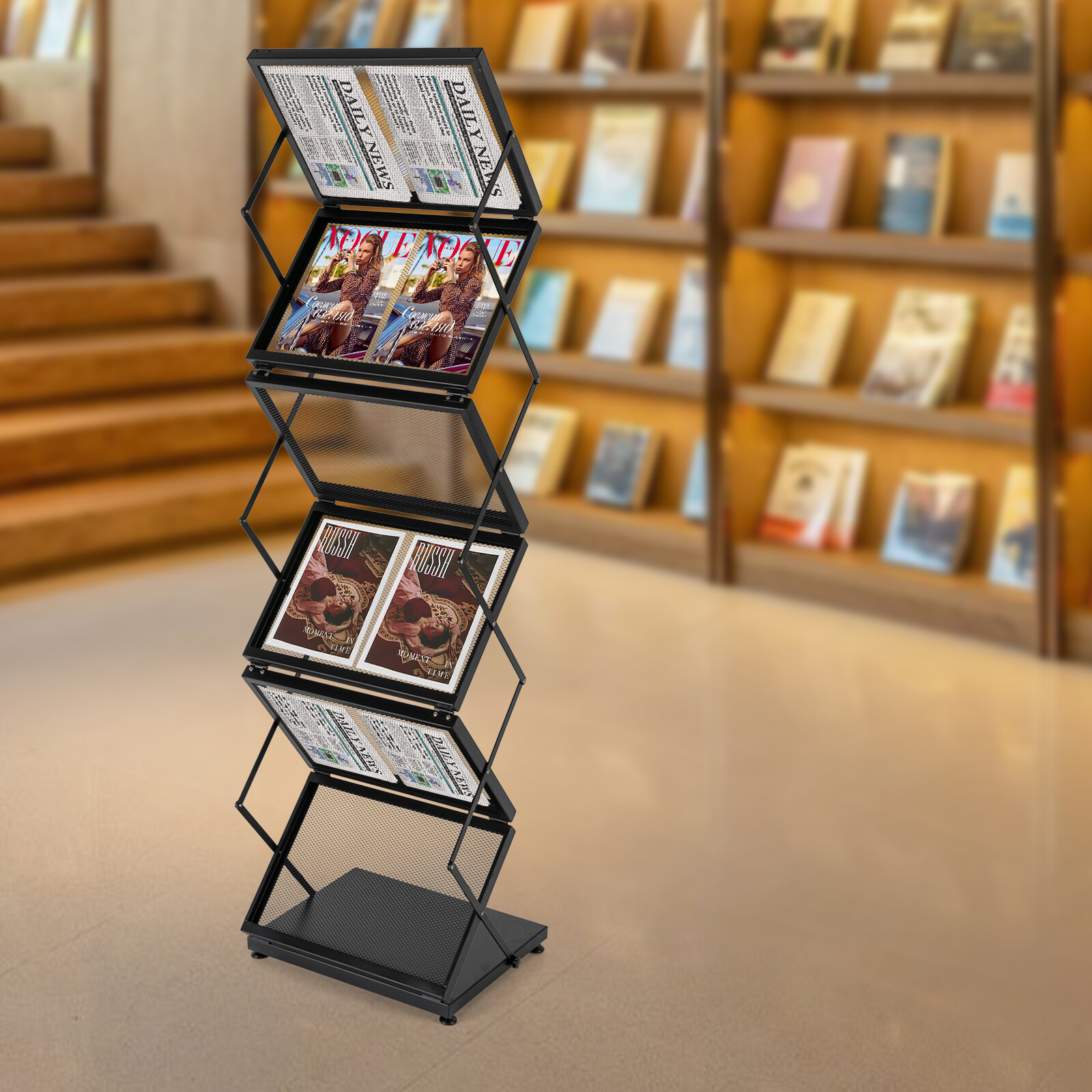 6 Pockets Magazine Rack Foldable Magazine Display Tiered Stand Double A4 Width
