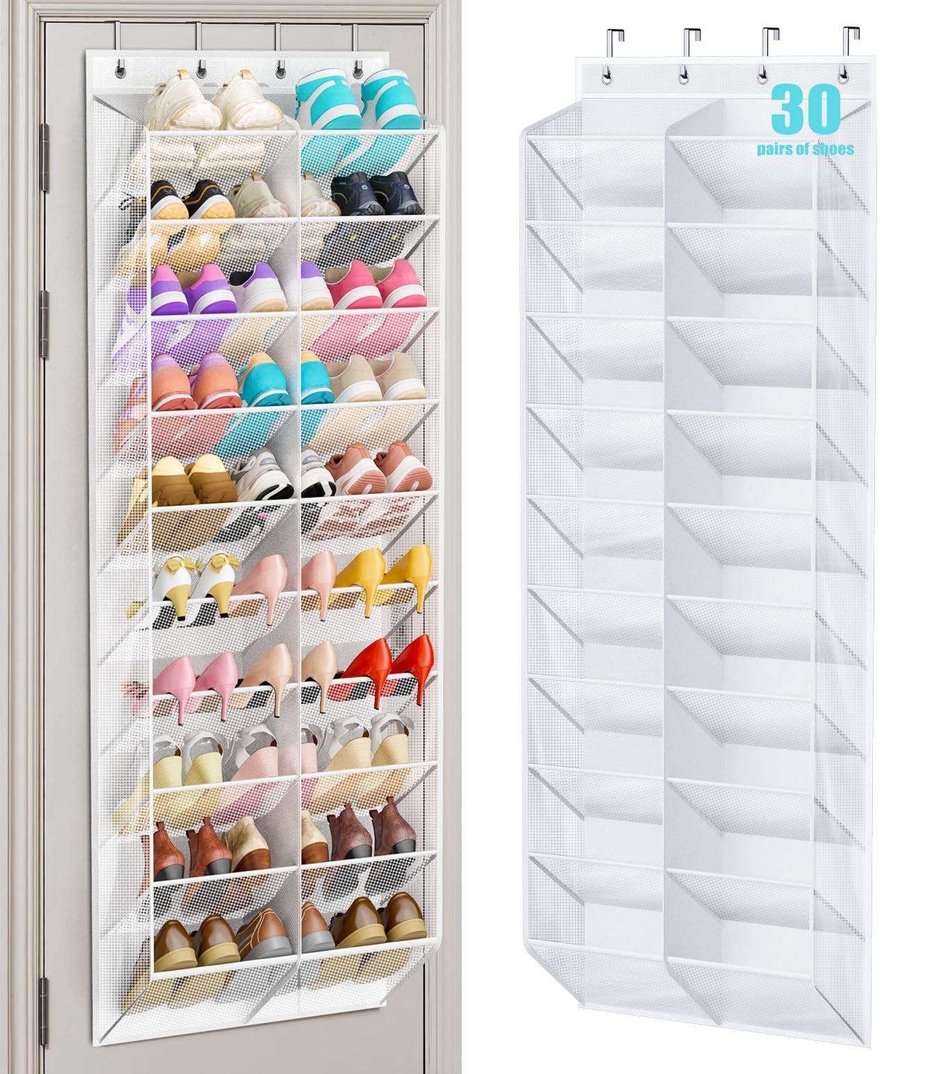 30 Pairs over the Door Shoe Organizer Breathable Mesh Hanging Shoe Rack