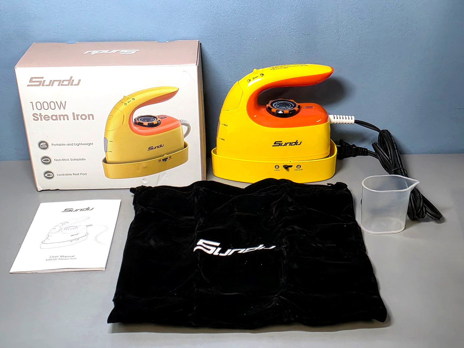 Sundu 1000W Portable & Lightweight Steam Iron w/ Lockable Rest Pad in Yellow