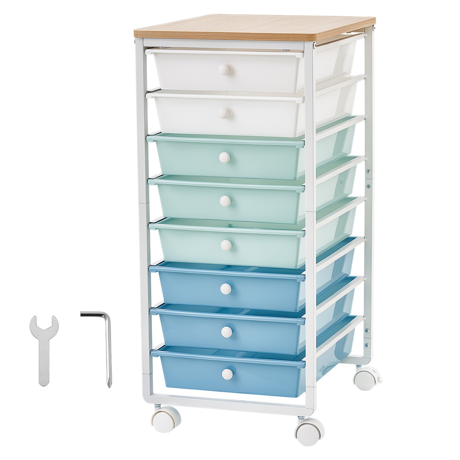 Uimoso Rolling Cart with 8 Drawers and Wooden Top in Green and Blue