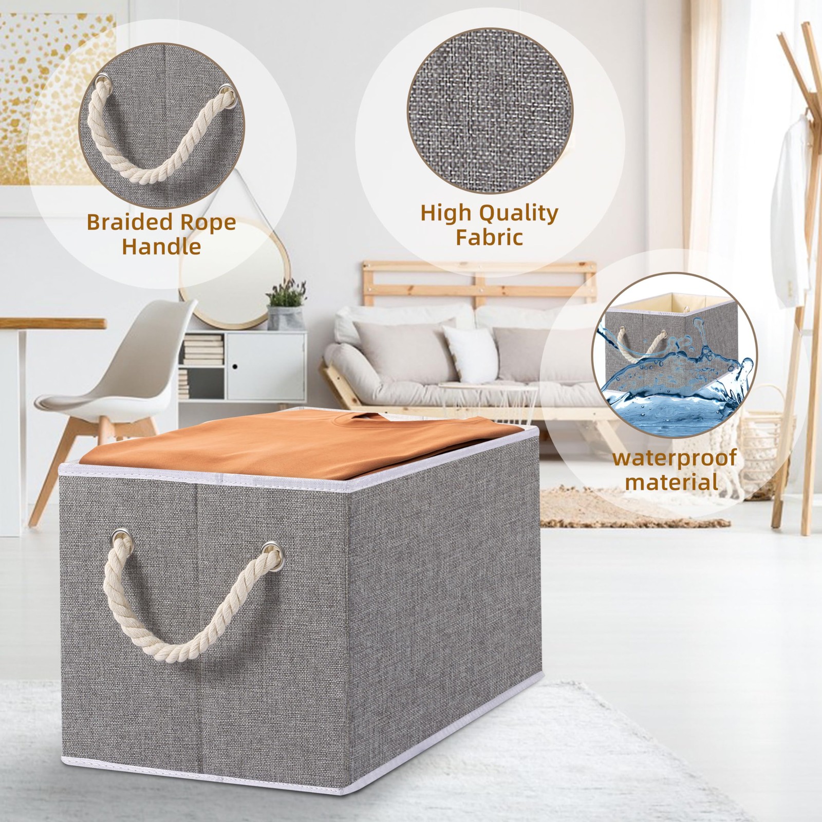 3 PCS Foldable Fabric Storage Cubes Collapsible Bins Grey 14.96×9.84×8.26 In