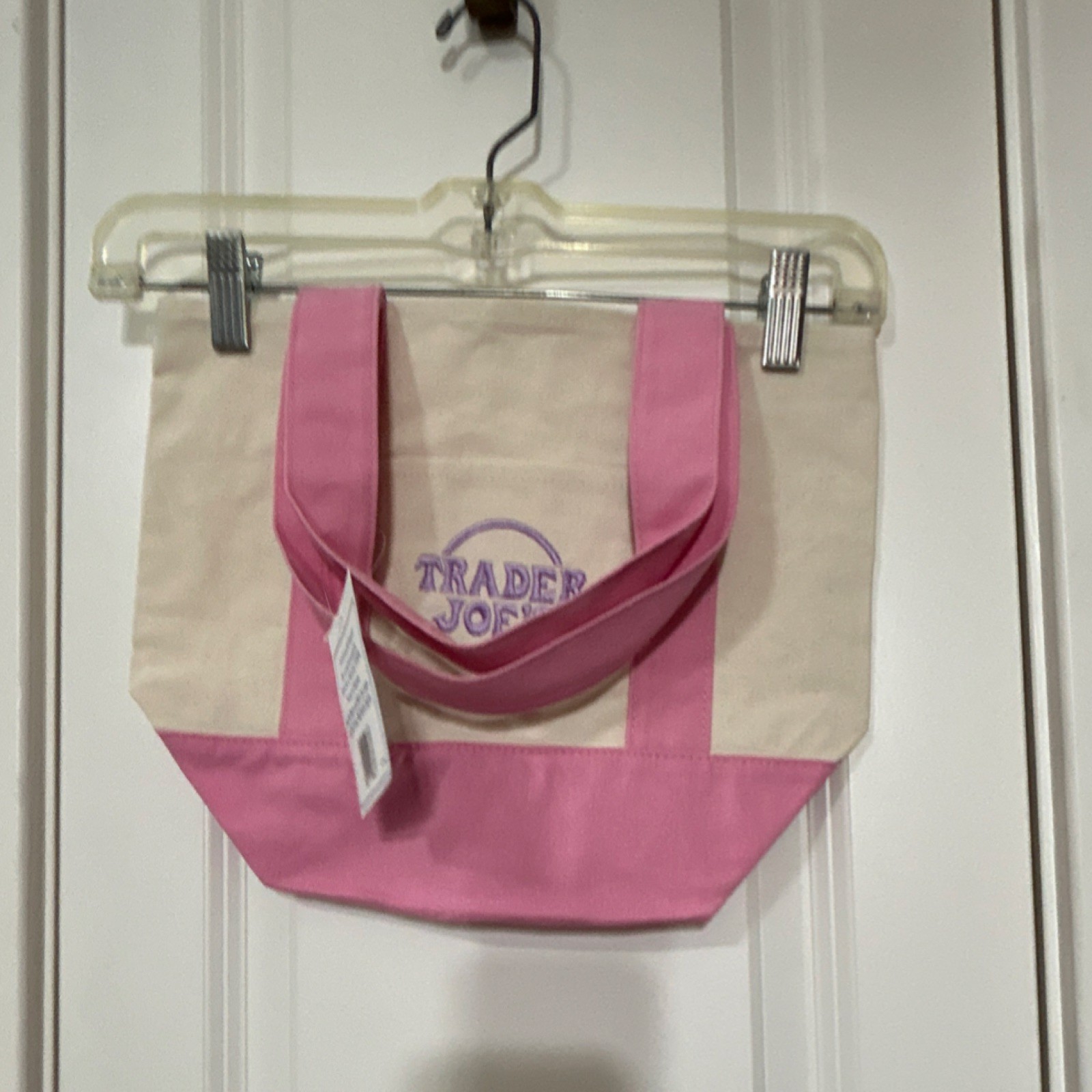 Trader Joe’s Foldable Reusable Tote Bag Pink Beige Cotton Polyester Color Block