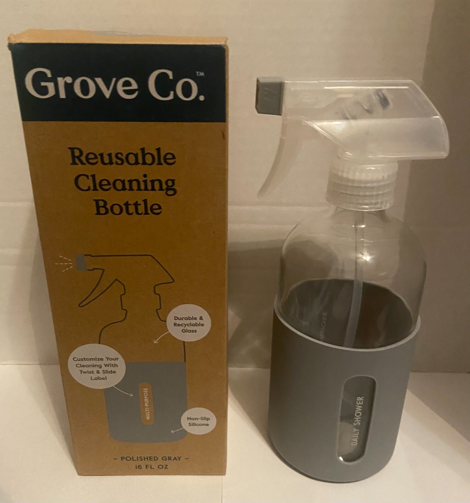 **NEW**Grove Collaborative POLISHED GRAY Reusable Glass Cleaning Bottle-16 FL OZ
