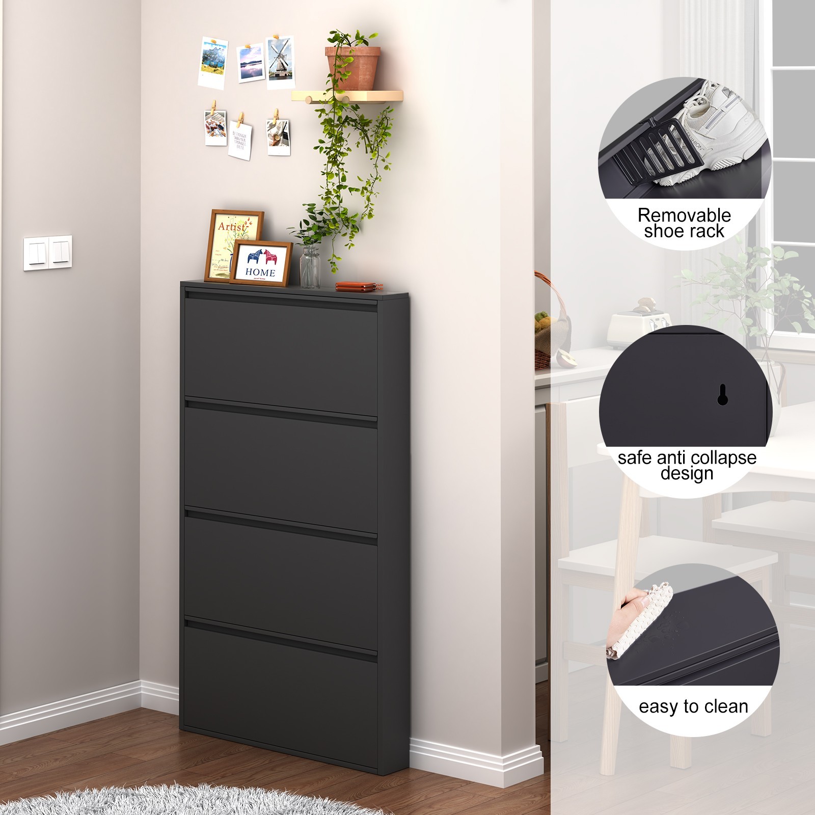Metal Shoe Cabinet with 4 Flip Drawers, Wall Mount Shoe Organizer for Entryway