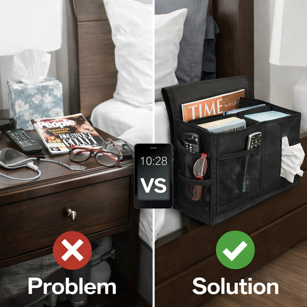 7 Pocket Bedside Caddy Organizer Multi Pocket Black Magazine Rack