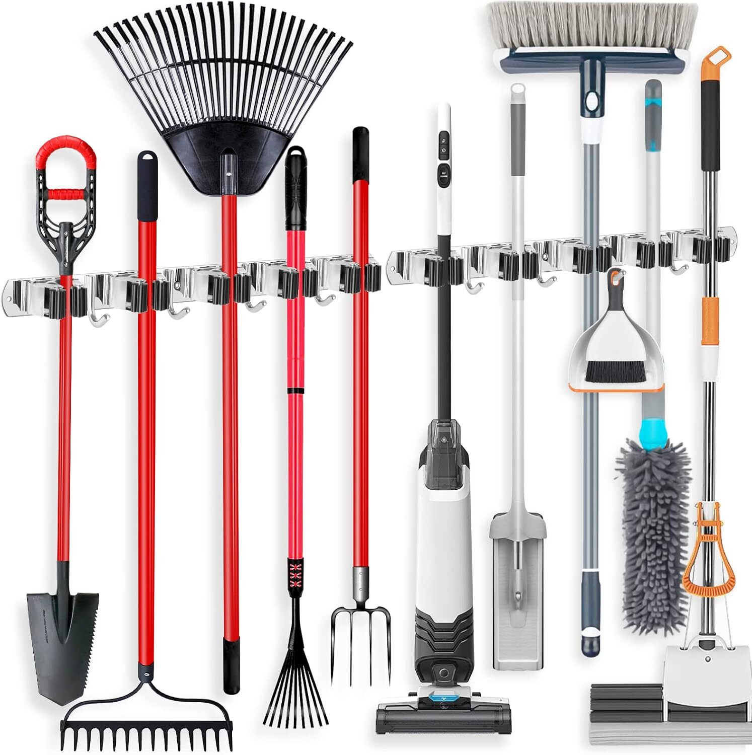 IMILLET 2 Pack Wall Mount Broom Holder Stainless Steel 5 Racks with 4 Hooks Broo