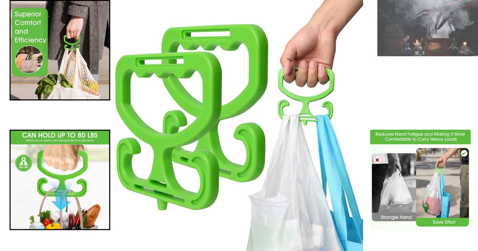 Heavy Duty 2 Pack Grocery Bag Carrier – Comfortable Grip, Holds 80 lbs. Green