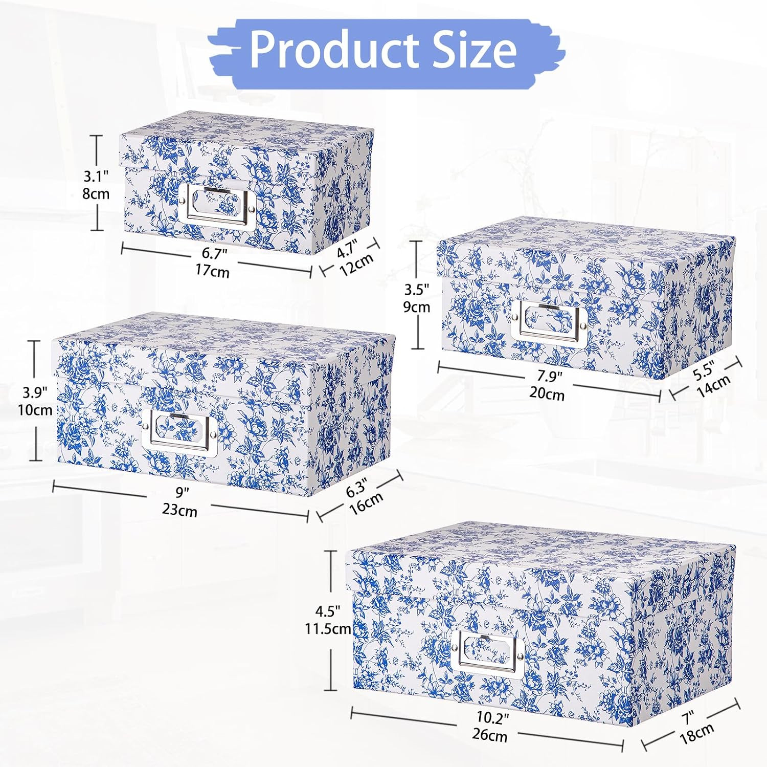 Blue White Floral Nested Decorative Storage Boxes with Lids | 4Pcs Vanity Deskto