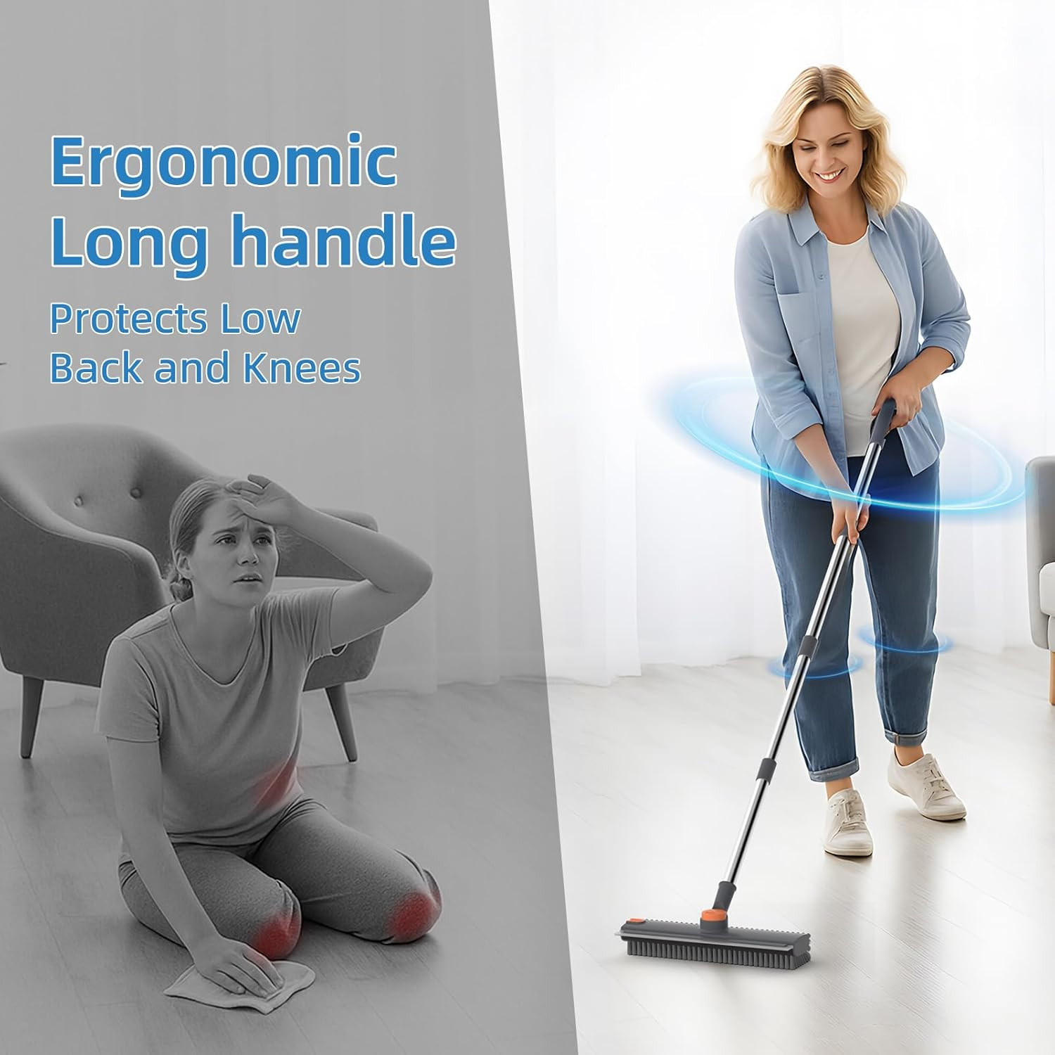 Floor Scrub Brush with Long Handle, 3 in 1 Scrape and Heavy-Duty Stiff Bristle F