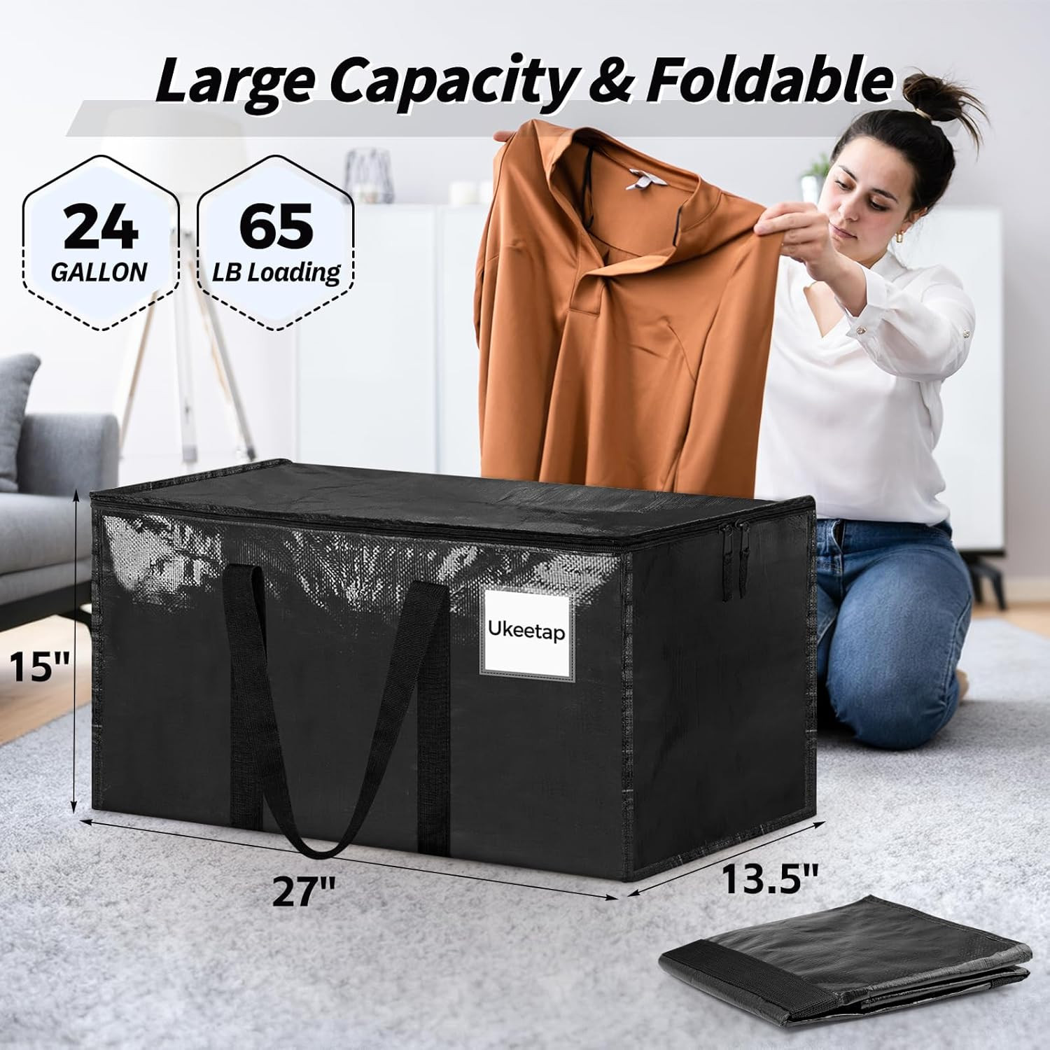 16 Pack Extra Large Clothes Storage Bins with Lids, Moving Bags, Black | Storage