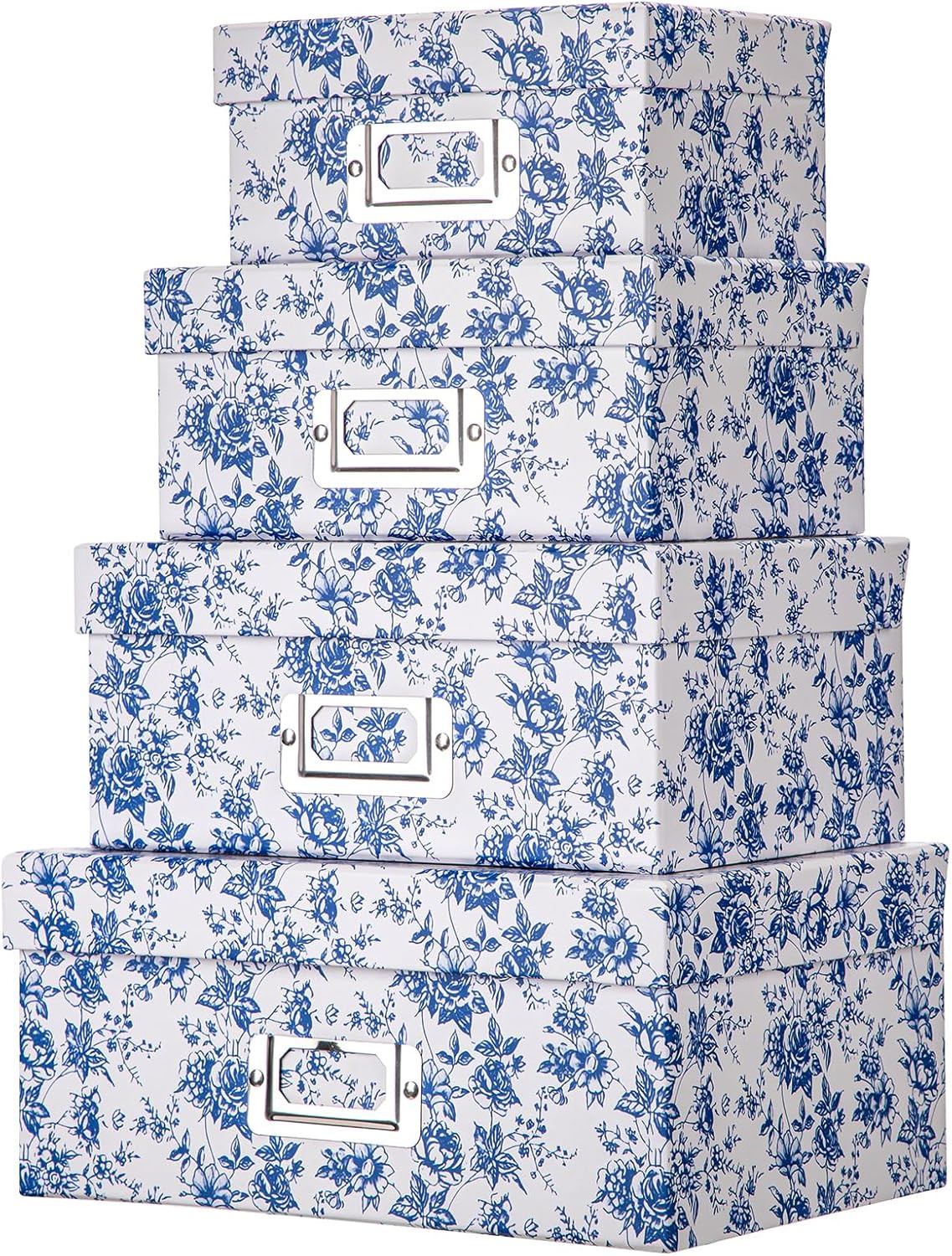 Blue White Floral Nested Decorative Storage Boxes with Lids | 4Pcs Vanity Deskto