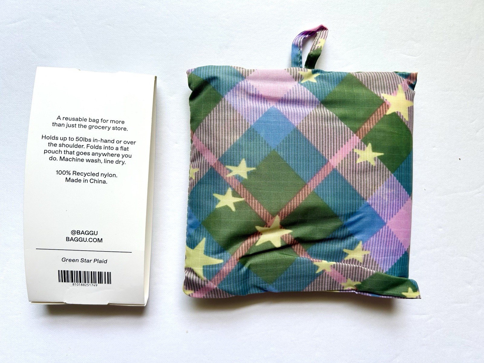 NEW! Baggu STANDARD BAG in “Green Star Plaid” — Recycled Nylon, SOLD OUT & RARE!