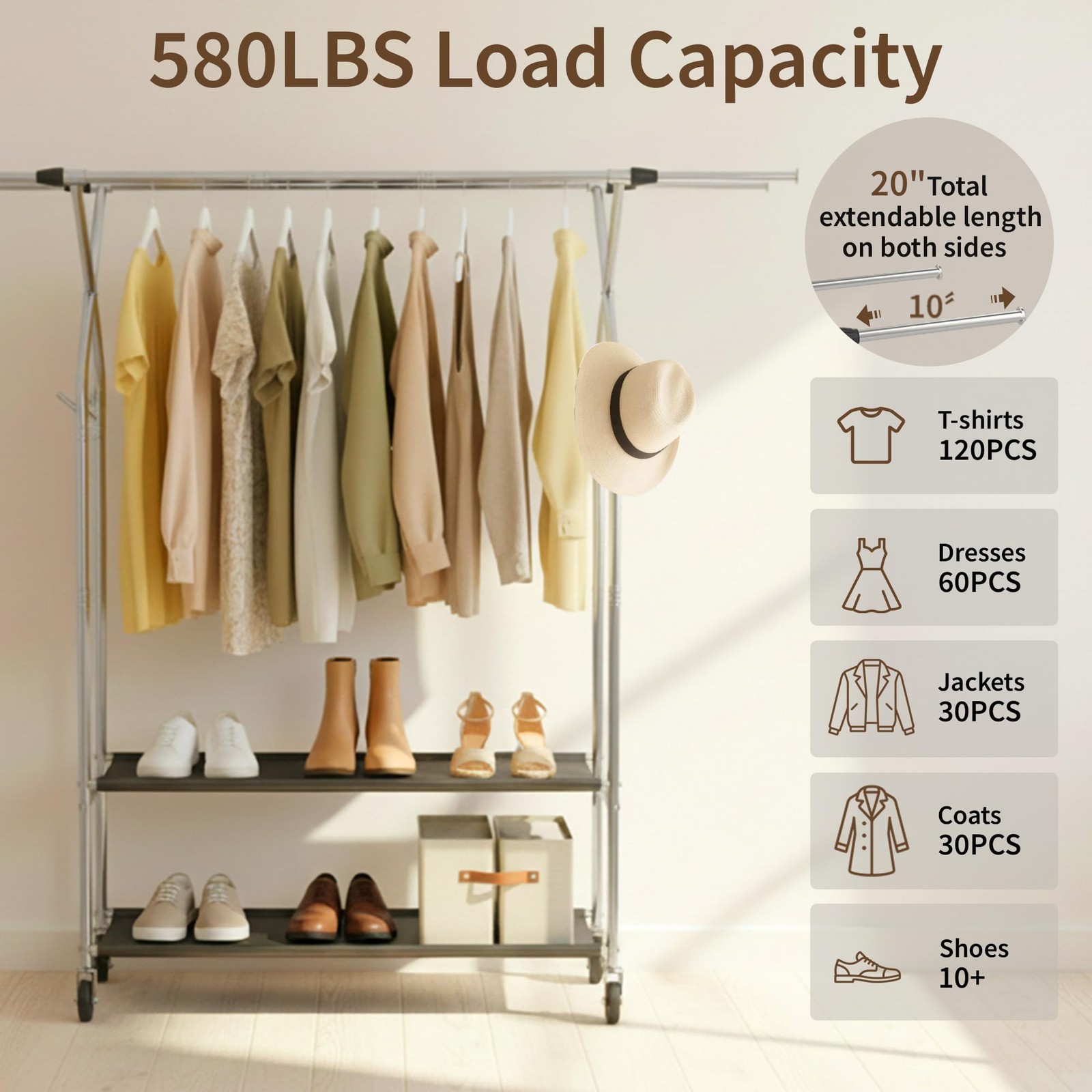 Heavy Duty Clothes Rack,Double Rods Clothing Rack for Hanging Clothes,Rolling