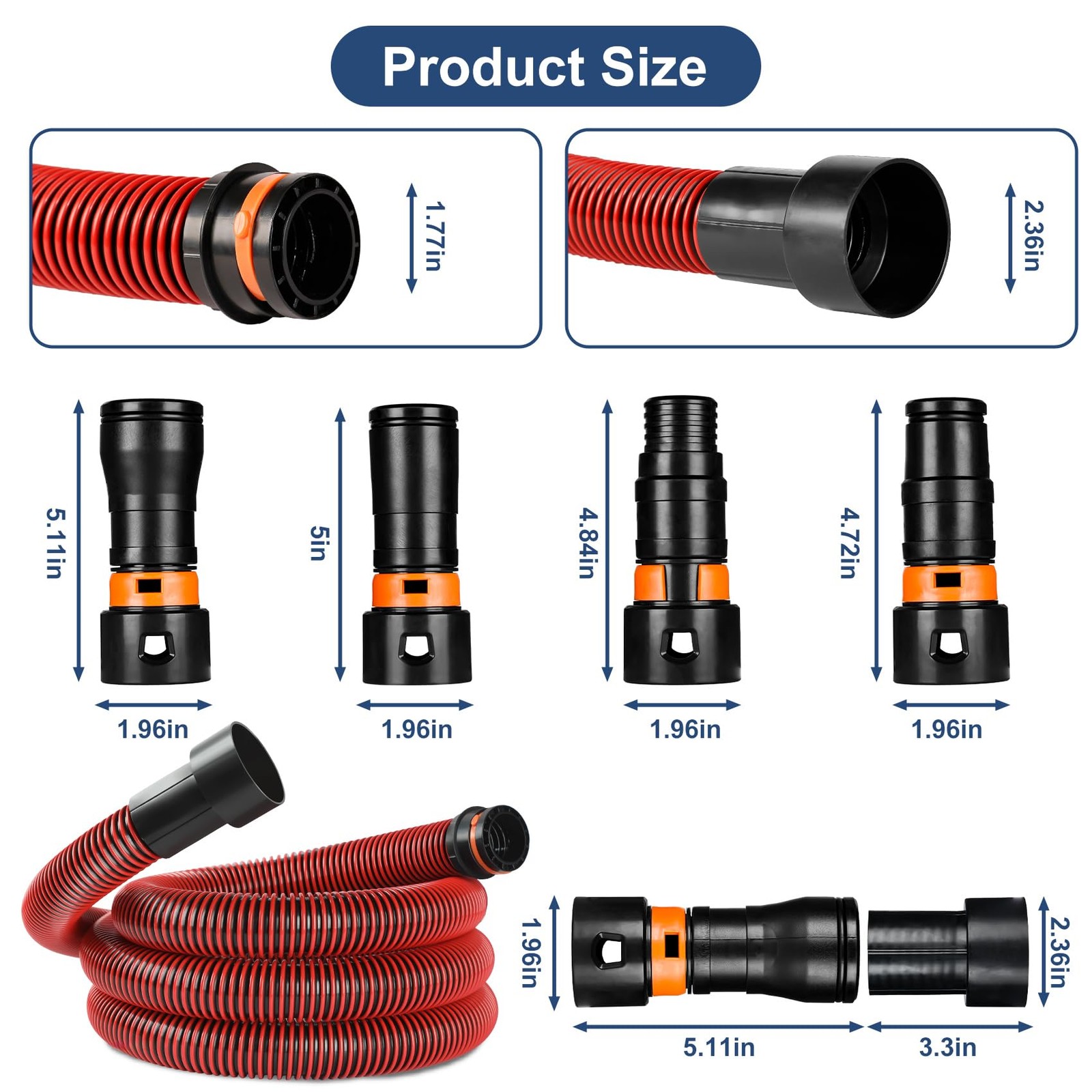 10FT Vacuum Hose Extension with 6 Adapters, Fits 1-1/4″ Hose, Universal Shop …