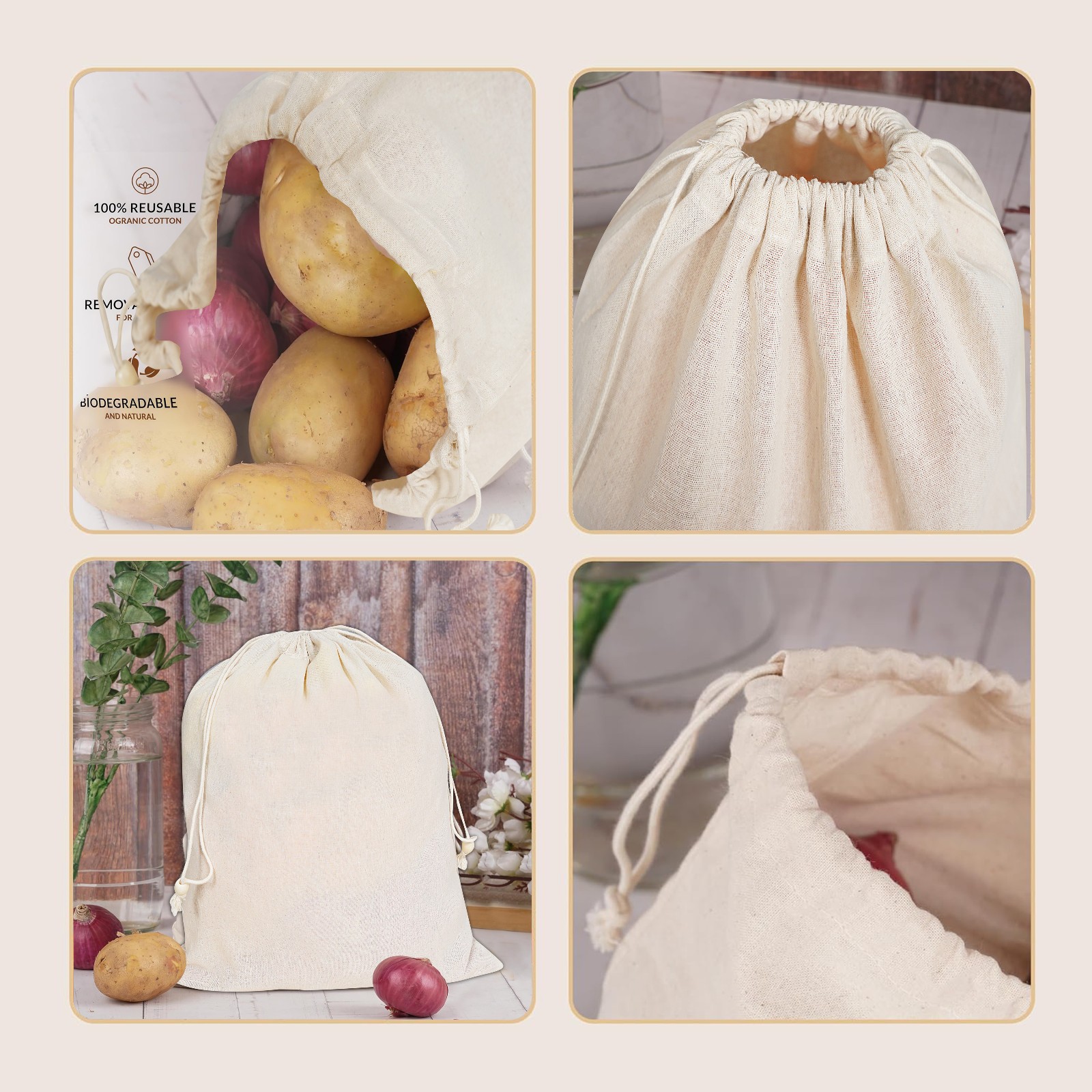 Cotton Drawstring Reusable Muslin Bags, Favor Pouches for Crafts, Herbs, Gifts