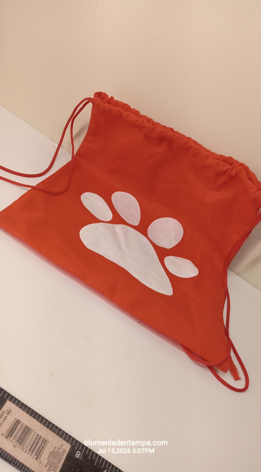 Orange Drawstring Cinch Bag White Paw Print Polyester Backpack 14×14