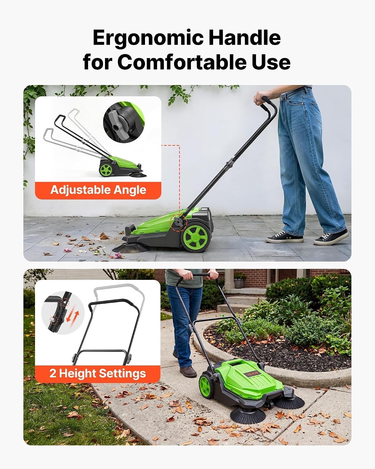 Pro Floor Sweeper, Manual Push, 25.6″ Wide, 5 Gal Bin, Ergonomic Folding Handle