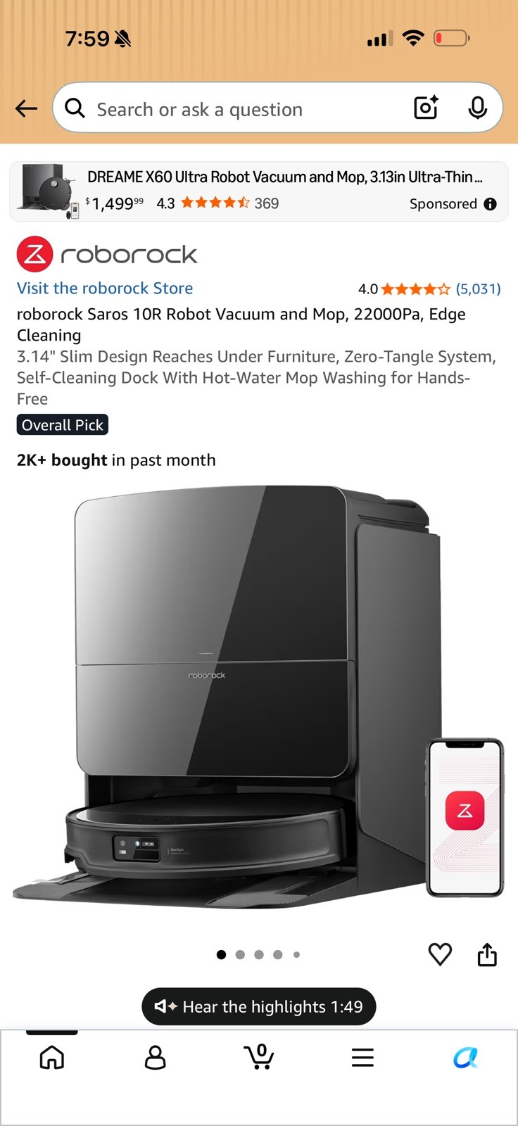 Roborock Saros 10R Robot Vacuum & Mop,22000Pa,Heated Cleaning –