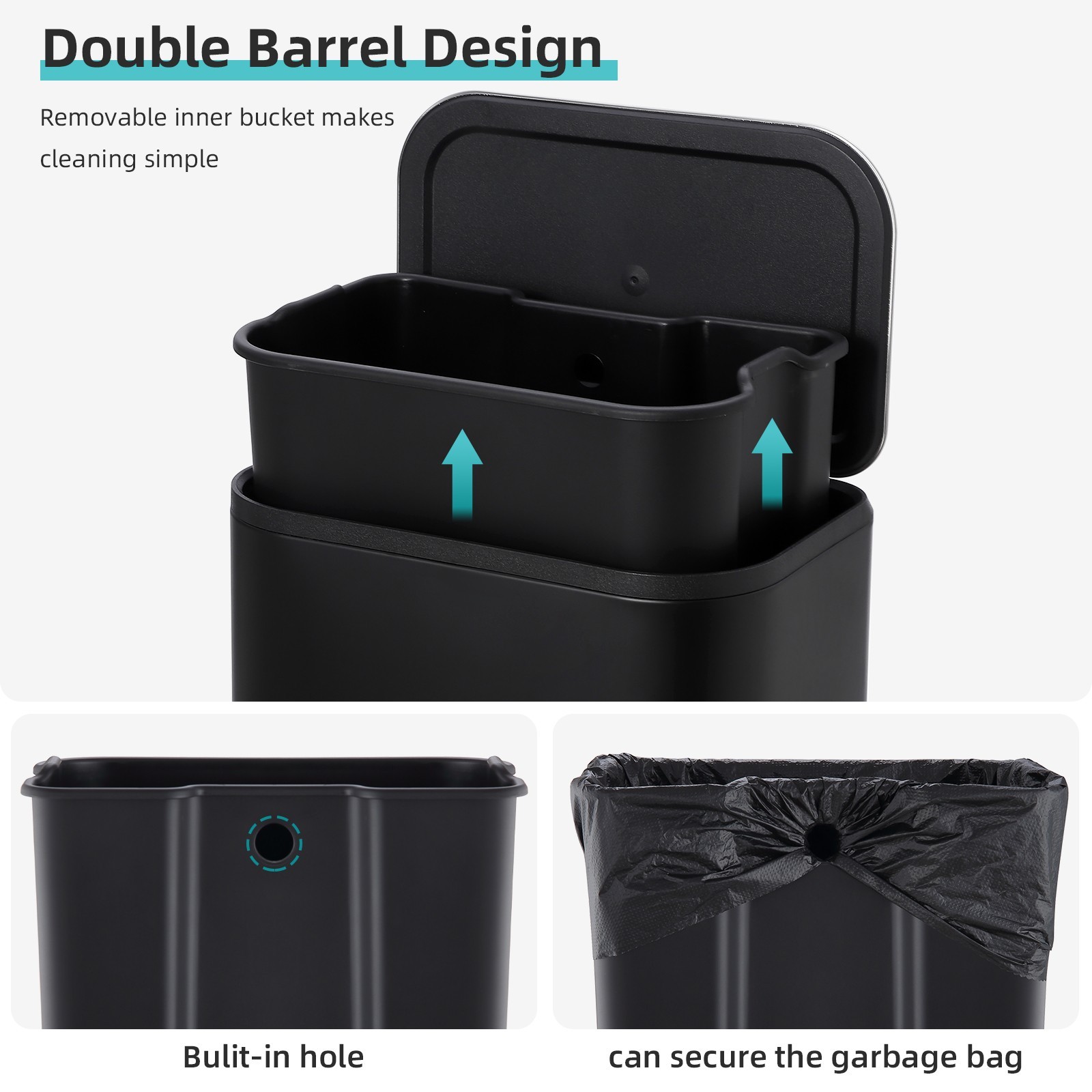 Stainless Steel Removable Trash Can, Soft-Close Waste Bin,Step Pedal, 5 gal