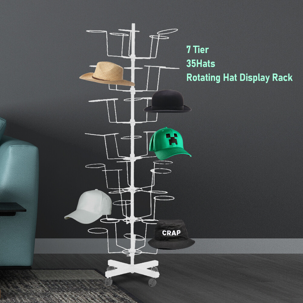 7 Tier Rotating Hat Display Rack Free Standing Metal Floor Caps Headwear Stand